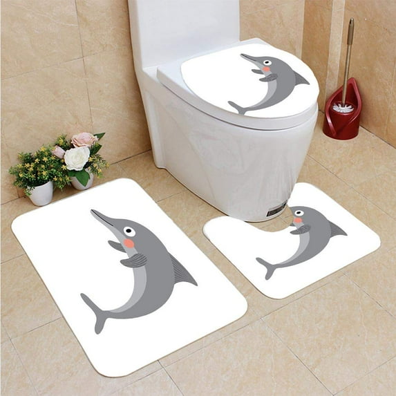 PUDMAD Dolphin Cartoon Character 3 Piece Bathroom Rugs Set Bath Rug Contour Mat and Toilet Lid Cover