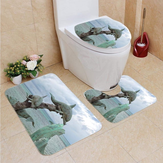 PUDMAD Dolphin Copper Statue by sea 3 Piece Bathroom Rugs Set Bath Rug Contour Mat and Toilet Lid Cover