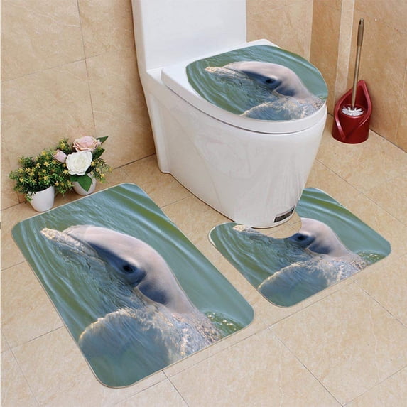 PUDMAD Dolphin Detail 3 Piece Bathroom Rugs Set Bath Rug Contour Mat and Toilet Lid Cover