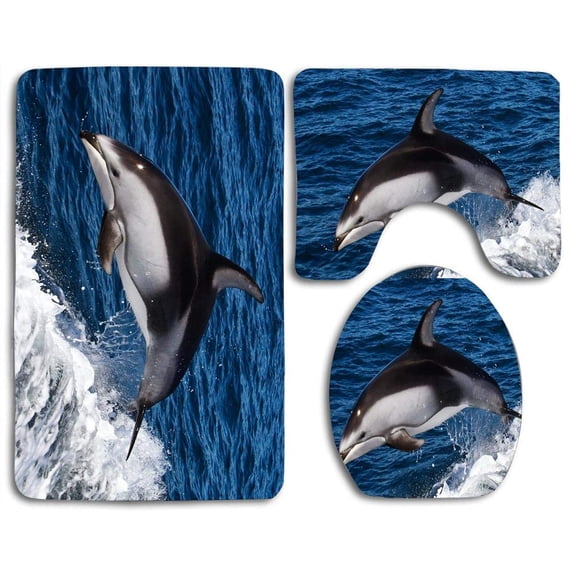 PUDMAD Dolphin Jumping 3 Piece Bathroom Rugs Set Bath Rug Contour Mat and Toilet Lid Cover