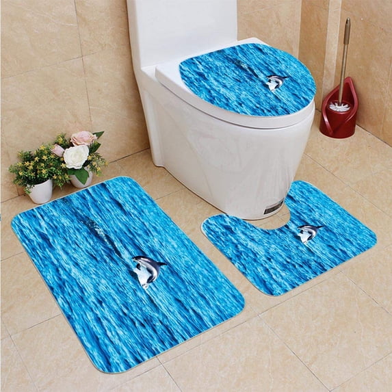 PUDMAD Dolphin Jumping Out Atlantic Ocean in Maine 3 Piece Bathroom Rugs Set Bath Rug Contour Mat and Toilet Lid Cover