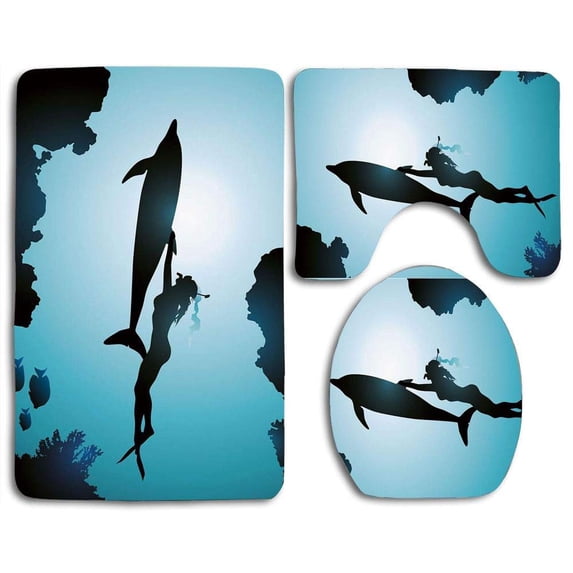 PUDMAD Dolphin Scuba Diver Girl Swimming Dolphin Silhouette in Sea Fish Reefs 3 Piece Bathroom Rugs Set Bath Rug Contour Mat and Toilet Lid Cover