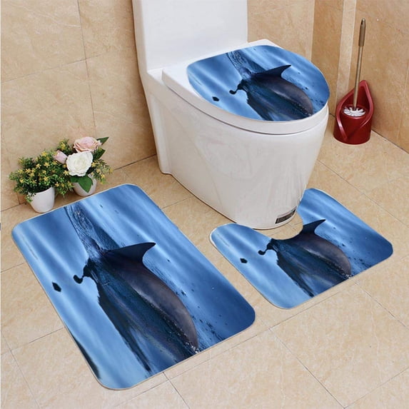 PUDMAD Dolphins 3 Piece Bathroom Rugs Set Bath Rug Contour Mat and Toilet Lid Cover