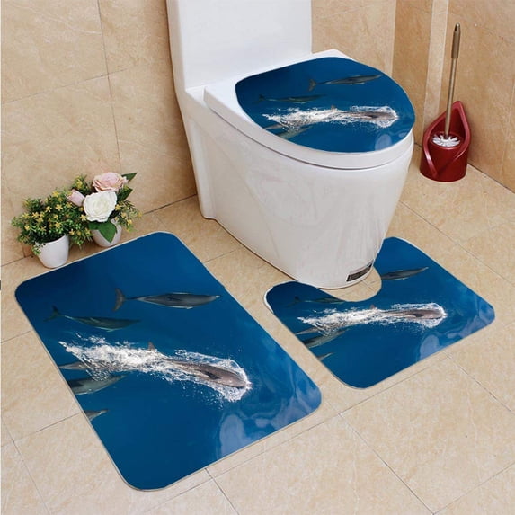 PUDMAD Dolphins 3 Piece Bathroom Rugs Set Bath Rug Contour Mat and Toilet Lid Cover