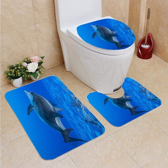 PUDMAD Dolphins 3 Piece Bathroom Rugs Set Bath Rug Contour Mat and Toilet Lid Cover