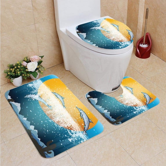 PUDMAD Dolphins Jumping Cartoon 3 Piece Bathroom Rugs Set Bath Rug Contour Mat and Toilet Lid Cover