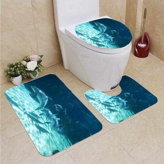 PUDMAD Dolphins Swimming Underwate 3 Piece Bathroom Rugs Set Bath Rug Contour Mat and Toilet Lid Cover