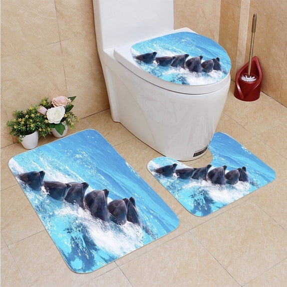 PUDMAD Dolphins Swimming in Clear Water 3 Piece Bathroom Rugs Set Bath Rug Contour Mat and Toilet Lid Cover