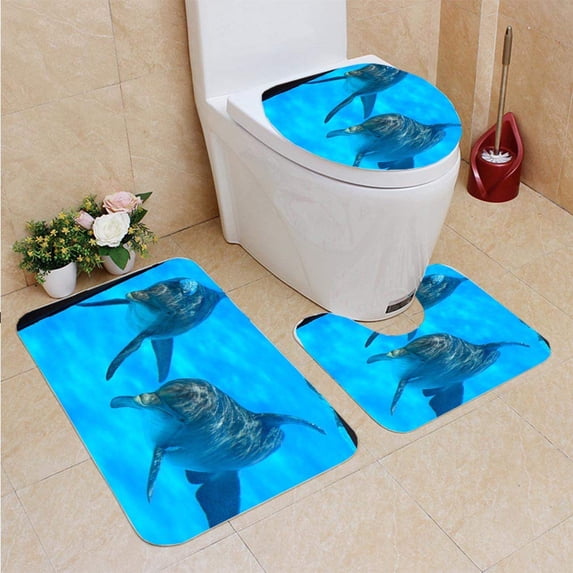 PUDMAD Dolphins Underwater 3 Piece Bathroom Rugs Set Bath Rug Contour Mat and Toilet Lid Cover