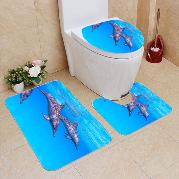 PUDMAD Dolphins in Tropical sea Underwater 3 Piece Bathroom Rugs Set Bath Rug Contour Mat and Toilet Lid Cover