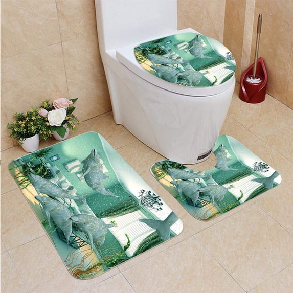 PUDMAD Domestic Dolphins 3 Piece Bathroom Rugs Set Bath Rug Contour Mat and Toilet Lid Cover