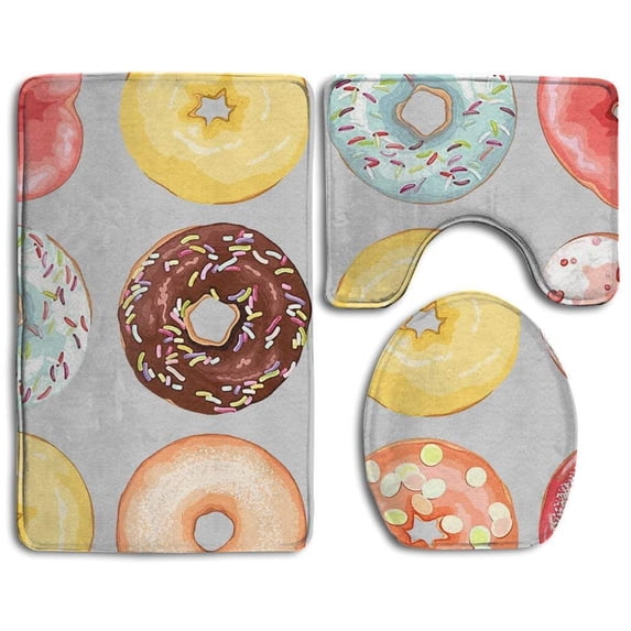 PUDMAD Donuts 3 Piece Bathroom Rugs Set Bath Rug Contour Mat and Toilet Lid Cover