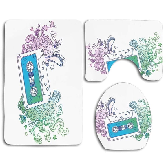 PUDMAD Doodle Audio Cassette Tape Line Art Floral Musical Old Fashion Melody 3 Piece Bathroom Rugs Set Bath Rug Contour Mat and Toilet Lid Cover