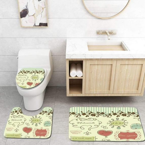 PUDMAD Doodle Vintage French Style Doodle Elegance Words Shabby Chic Classic Motif Pale 3 Piece Bathroom Rugs Set Bath Rug Contour Mat and Toilet Lid Cover
