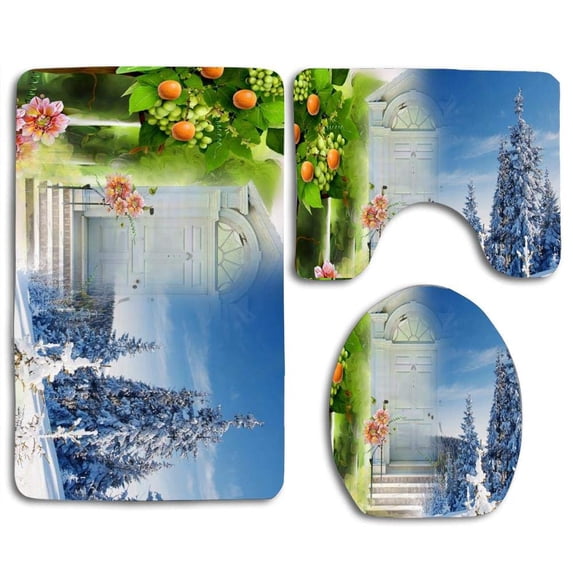 PUDMAD Door to Winter Beauty 3 Piece Bathroom Rugs Set Bath Rug Contour Mat and Toilet Lid Cover