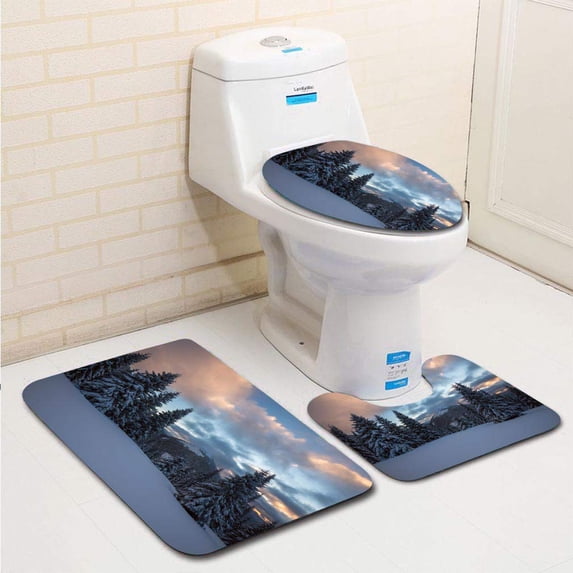 PUDMAD Dramatic Winter Landscape 3 Piece Bathroom Rugs Set Bath Rug Contour Mat and Toilet Lid Cover