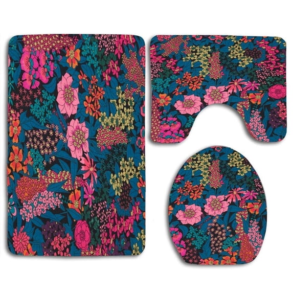 PUDMAD Drawing Flowers 3 Piece Bathroom Rugs Set Bath Rug Contour Mat and Toilet Lid Cover