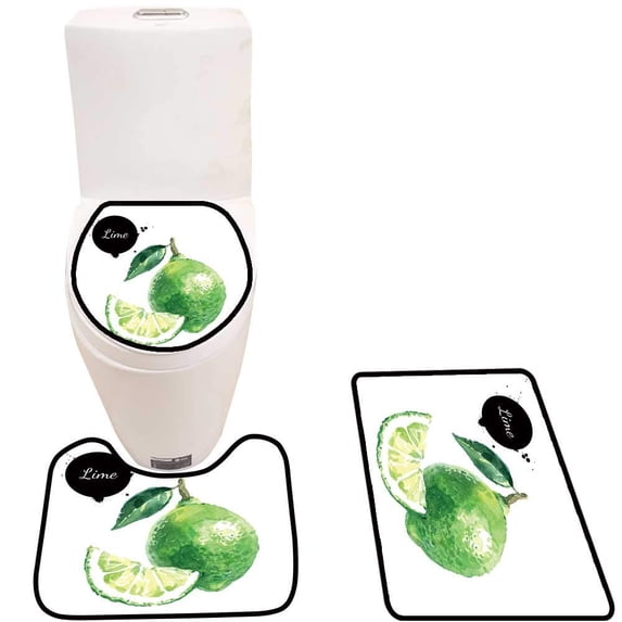 PUDMAD Drawn Lime Isolate eco Natural Foo Fruits on White backgroun 3 Piece Bathroom Rugs Set Bath Rug Contour Mat and Toilet Lid Cover