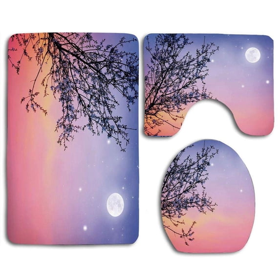 PUDMAD Dreamlike Ethereal Sky Moon Stars and Blooming Spring Tree Branches 3 Piece Bathroom Rugs Set Bath Rug Contour Mat and Toilet Lid Cover
