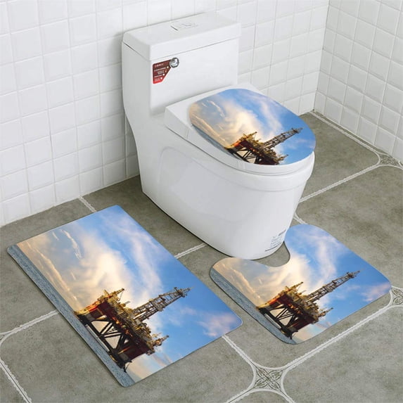 PUDMAD Drilling Platform During Coming Storm 3 Piece Bathroom Rugs Set Bath Rug Contour Mat and Toilet Lid Cover
