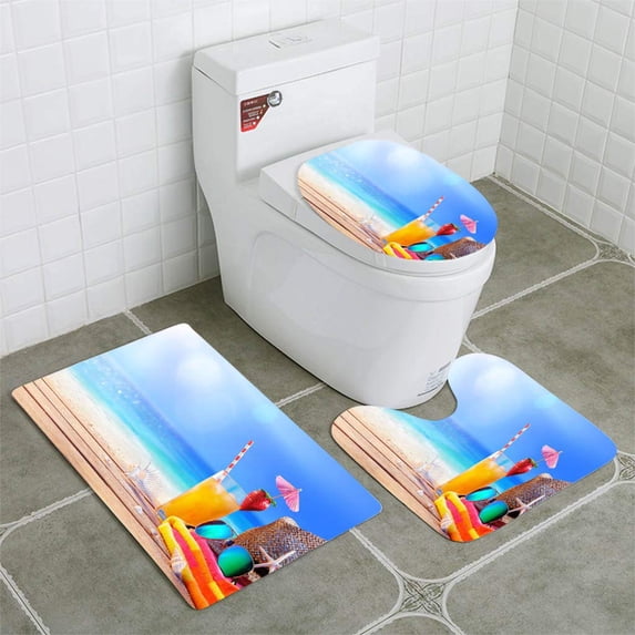 PUDMAD Drinking and Relax On Beach Summer Concept 3 Piece Bathroom Rugs Set Bath Rug Contour Mat and Toilet Lid Cover