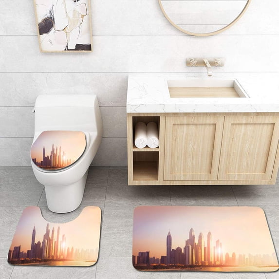 PUDMAD Dubai Marina Cityscape in Sunset Light 3 Piece Bathroom Rugs Set Bath Rug Contour Mat and Toilet Lid Cover