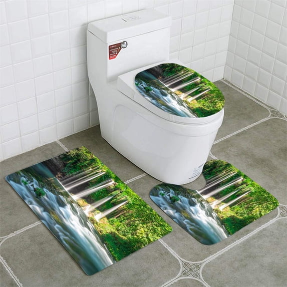 PUDMAD Duden Waterfall at Antalya Turkey Long Exposure Photo 3 Piece Bathroom Rugs Set Bath Rug Contour Mat and Toilet Lid Cover