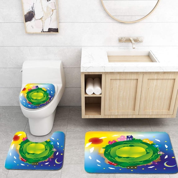 PUDMAD Earth Cartoon Style Global Scene Houses and Buildings Clouds Days Cycle Day and Night 3 Piece Bathroom Rugs Set Bath Rug Contour Mat and Toilet Lid Cover