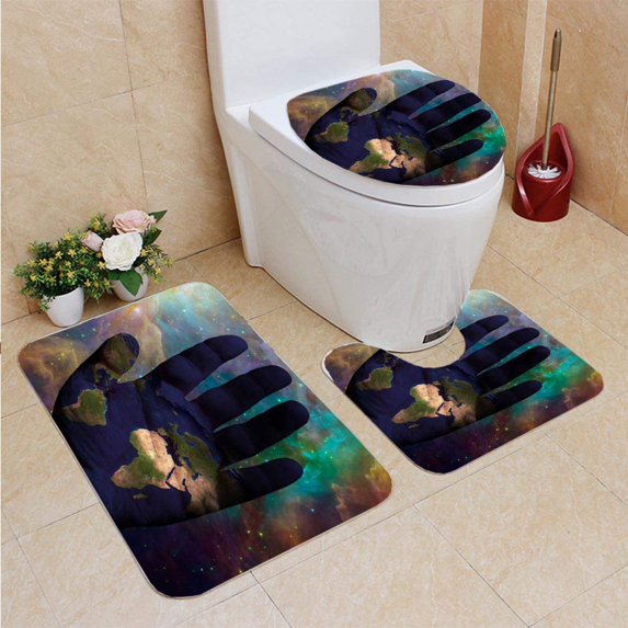 PUDMAD Earth Hand Galactic 3 Piece Bathroom Rugs Set Bath Rug Contour Mat and Toilet Lid Cover