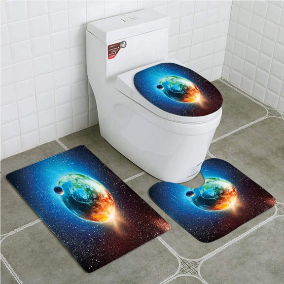 PUDMAD Earth Majestic Galaxy Outer Space View Universe Planet Earth Stars Astral Theme 3 Piece Bathroom Rugs Set Bath Rug Contour Mat and Toilet Lid Cover