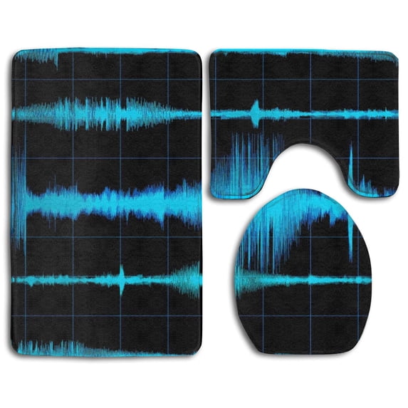 PUDMAD Earthquake Waves Blue 3 Piece Bathroom Rugs Set Bath Rug Contour Mat and Toilet Lid Cover