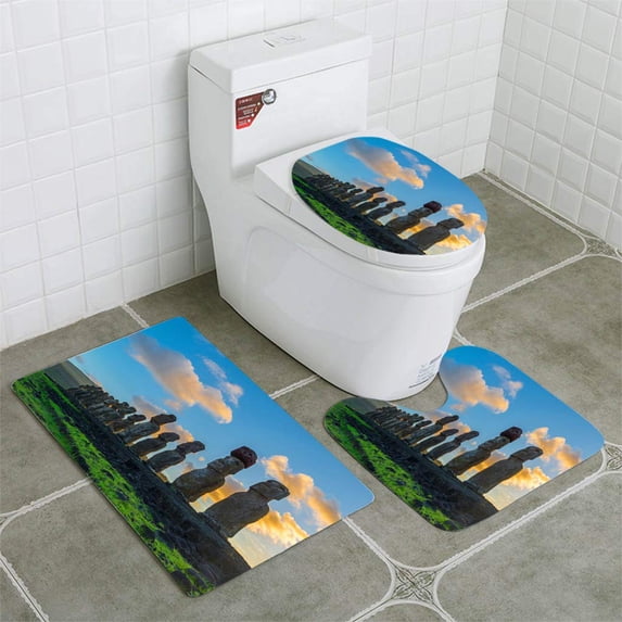 PUDMAD Easter Island Sunshine 3 Piece Bathroom Rugs Set Bath Rug Contour Mat and Toilet Lid Cover