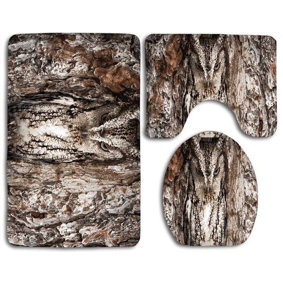 PUDMAD Eastern Screech Owl Georgia 3 Piece Bathroom Rugs Set Bath Rug Contour Mat and Toilet Lid Cover