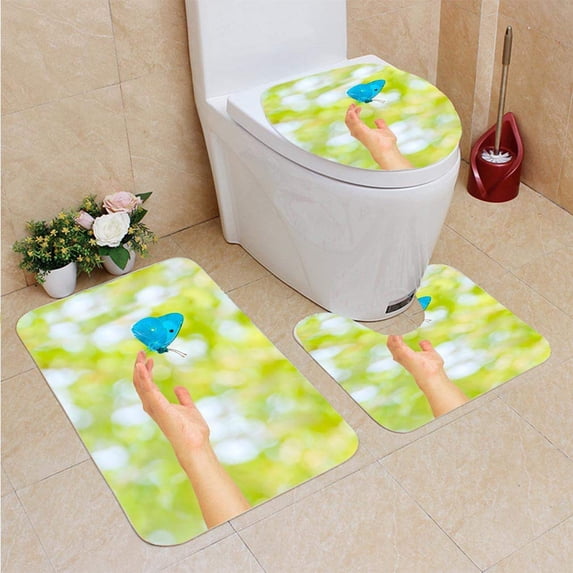 PUDMAD Ecological Butterfly 3 Piece Bathroom Rugs Set Bath Rug Contour Mat and Toilet Lid Cover