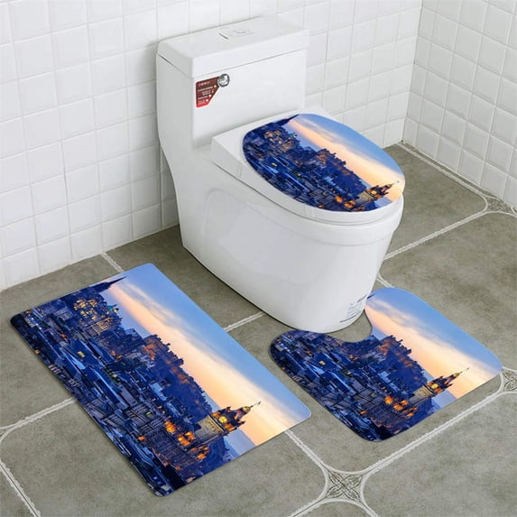PUDMAD Edinburgh City Skyline After Sunset 3 Piece Bathroom Rugs Set Bath Rug Contour Mat and Toilet Lid Cover