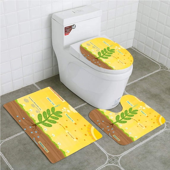 PUDMAD Educational Cartoon Photosynthesis Oxygen Carbon Dioxide Sunlight and Water 3 Piece Bathroom Rugs Set Bath Rug Contour Mat and Toilet Lid Cover