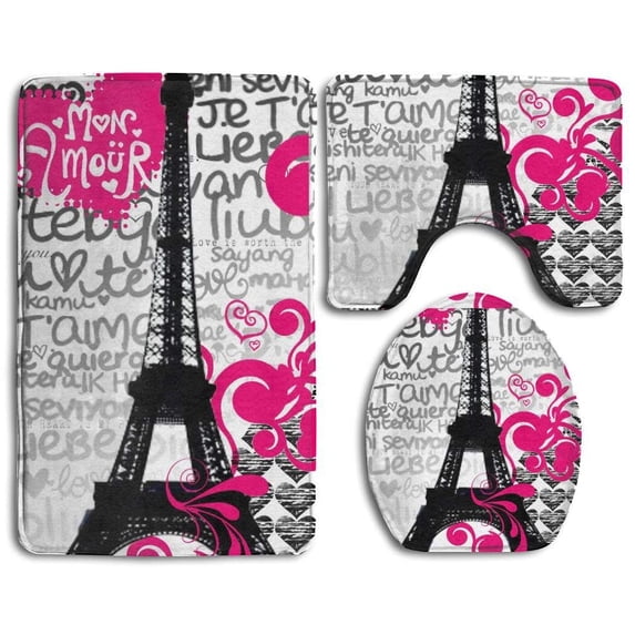 PUDMAD Eiffel Tower France Heart Shapes 3 Piece Bathroom Rugs Set Bath Rug Contour Mat and Toilet Lid Cover