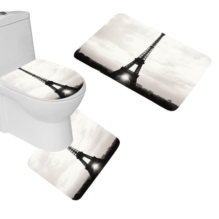 PUDMAD Eiffel Tower Paris France Black White 3 Piece Bathroom Rugs Set Bath Rug Contour Mat and Toilet Lid Cover