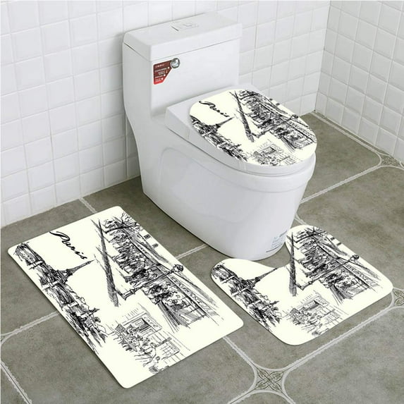 PUDMAD Eiffel Tower Paris Sketch Style Cafe Restaurant Landmark Canal Boat Streetlamp 3 Piece Bathroom Rugs Set Bath Rug Contour Mat and Toilet Lid Cover