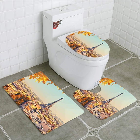 PUDMAD Eiffel Tower Eiffel Tower at Sunset Paris France Autumn Leaves Sunlights Evening 3 Piece Bathroom Rugs Set Bath Rug Contour Mat and Toilet Lid Cover