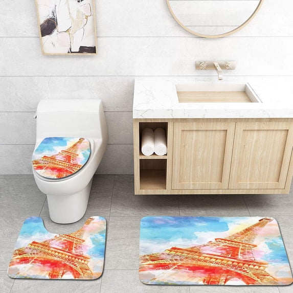 PUDMAD Eiffel Tower Watercolor Painted Linework Eiffel Tower Landmark Colorful Illustrated 3 Piece Bathroom Rugs Set Bath Rug Contour Mat and Toilet Lid Cover