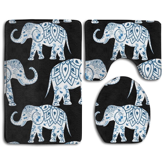 PUDMAD Elephant 3 Piece Bathroom Rugs Set Bath Rug Contour Mat and Toilet Lid Cover