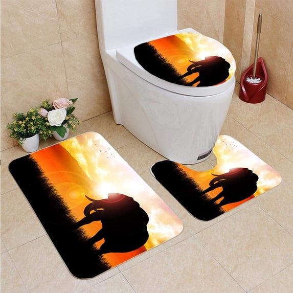 PUDMAD Elephant Beautiful Landscape 3 Piece Bathroom Rugs Set Bath Rug Contour Mat and Toilet Lid Cover
