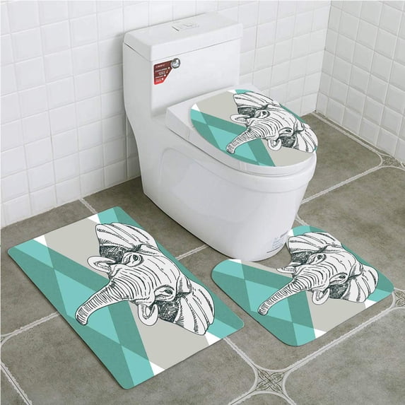 PUDMAD Elephant Contemporary Elephant Minimalist Boho Style Modern 3 Piece Bathroom Rugs Set Bath Rug Contour Mat and Toilet Lid Cover