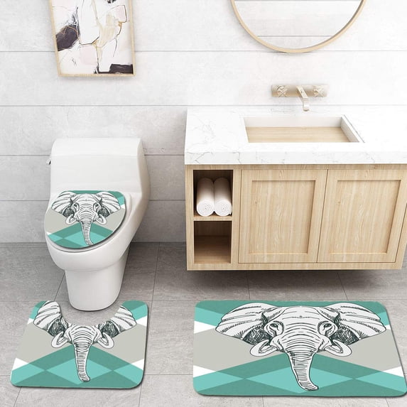 PUDMAD Elephant Contemporary Elephant Minimalist Boho Style Modern Home 3 Piece Bathroom Rugs Set Bath Rug Contour Mat and Toilet Lid Cover