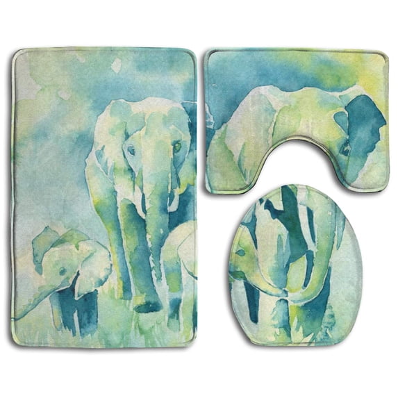 PUDMAD Elephant Family 3 Piece Bathroom Rugs Set Bath Rug Contour Mat and Toilet Lid Cover