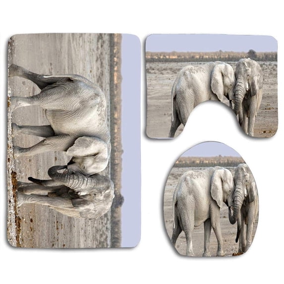 PUDMAD Elephant Hug 3 Piece Bathroom Rugs Set Bath Rug Contour Mat and Toilet Lid Cover