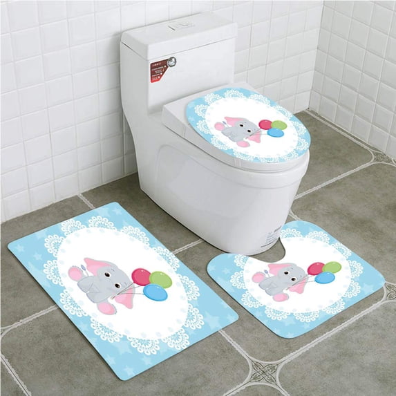 PUDMAD Elephant Nursery Stars Ornate Motifs Cartoon Kid in Circle Holding 3 Piece Bathroom Rugs Set Bath Rug Contour Mat and Toilet Lid Cover