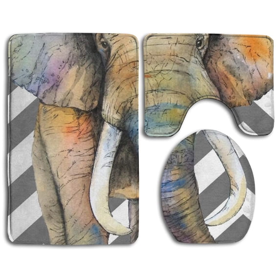 PUDMAD Elephant Zigzag Stripes 3 Piece Bathroom Rugs Set Bath Rug Contour Mat and Toilet Lid Cover