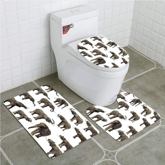 PUDMAD Elephants Group Elephants Tusk Ear Large Wild Life Jungle Mammal Forest 3 Piece Bathroom Rugs Set Bath Rug Contour Mat and Toilet Lid Cover